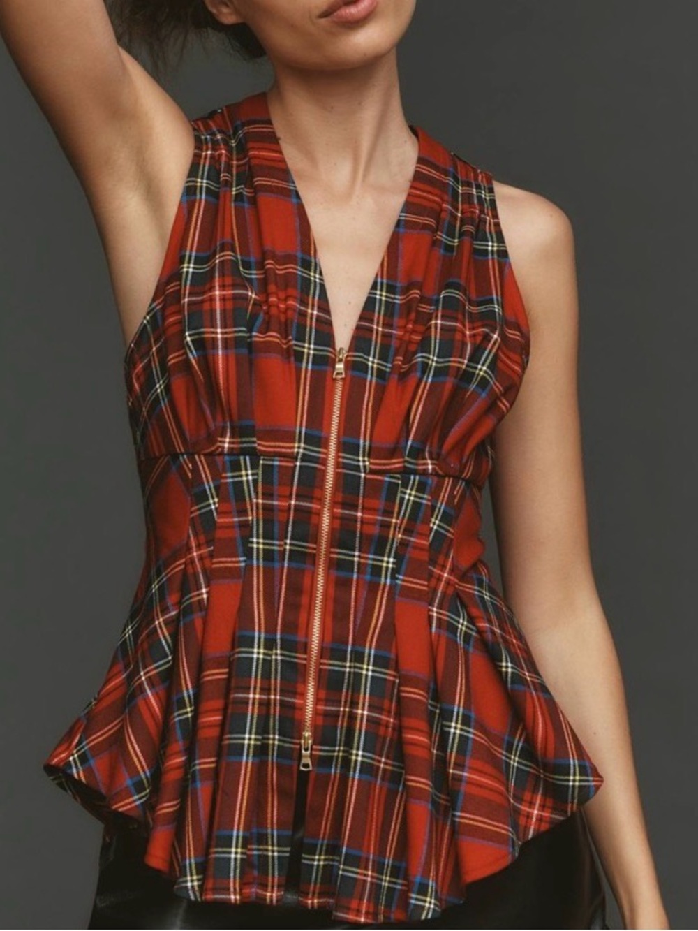 Maeve Red Plaid Zip-Front women’ vest